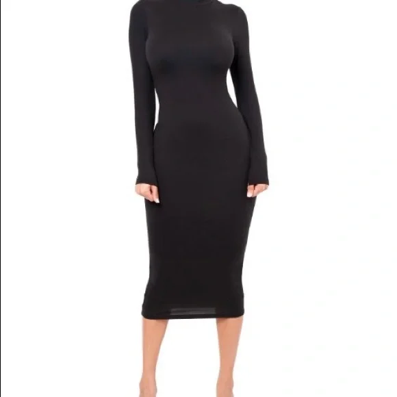 turtle neck formal dress Black Turtle Neck Long Sleeve Rib Fitted Midi Dress – PinkBlush main image 0